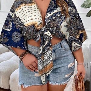 SHEIN Navy and Cream Paisley Tie-Front Blouse
